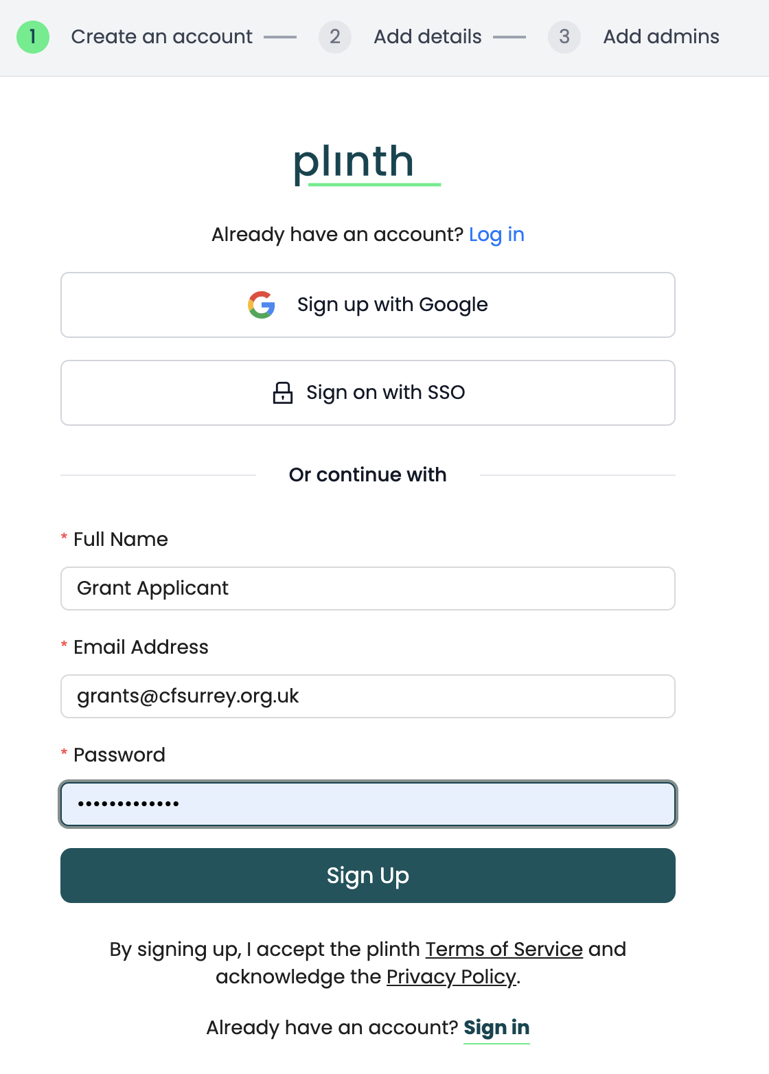 A screenshot of the Plinth Sign Up form showing the options