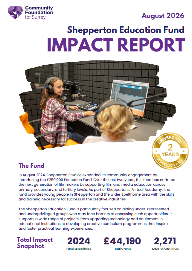 Front cover image of the Impact Report for the Shepperton Education Fund celebrating it's 2 year anniversary
