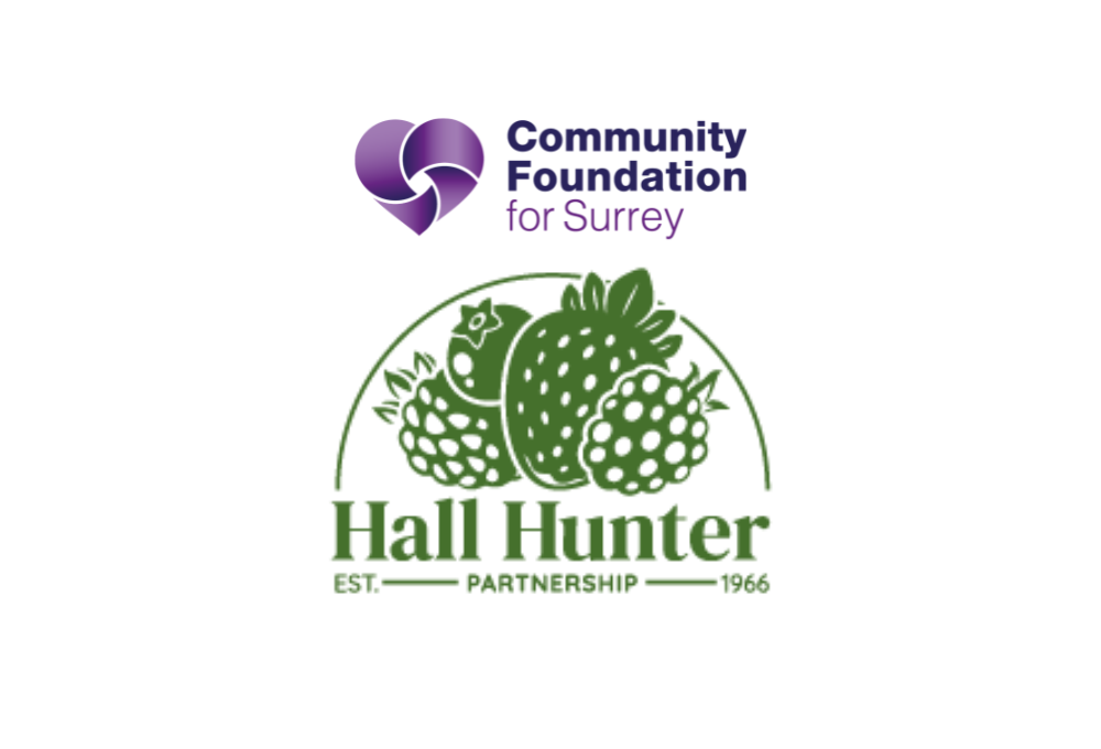 Community Foundation for Surrey logo above the green Hall Hunter Partnership Logo on a white background