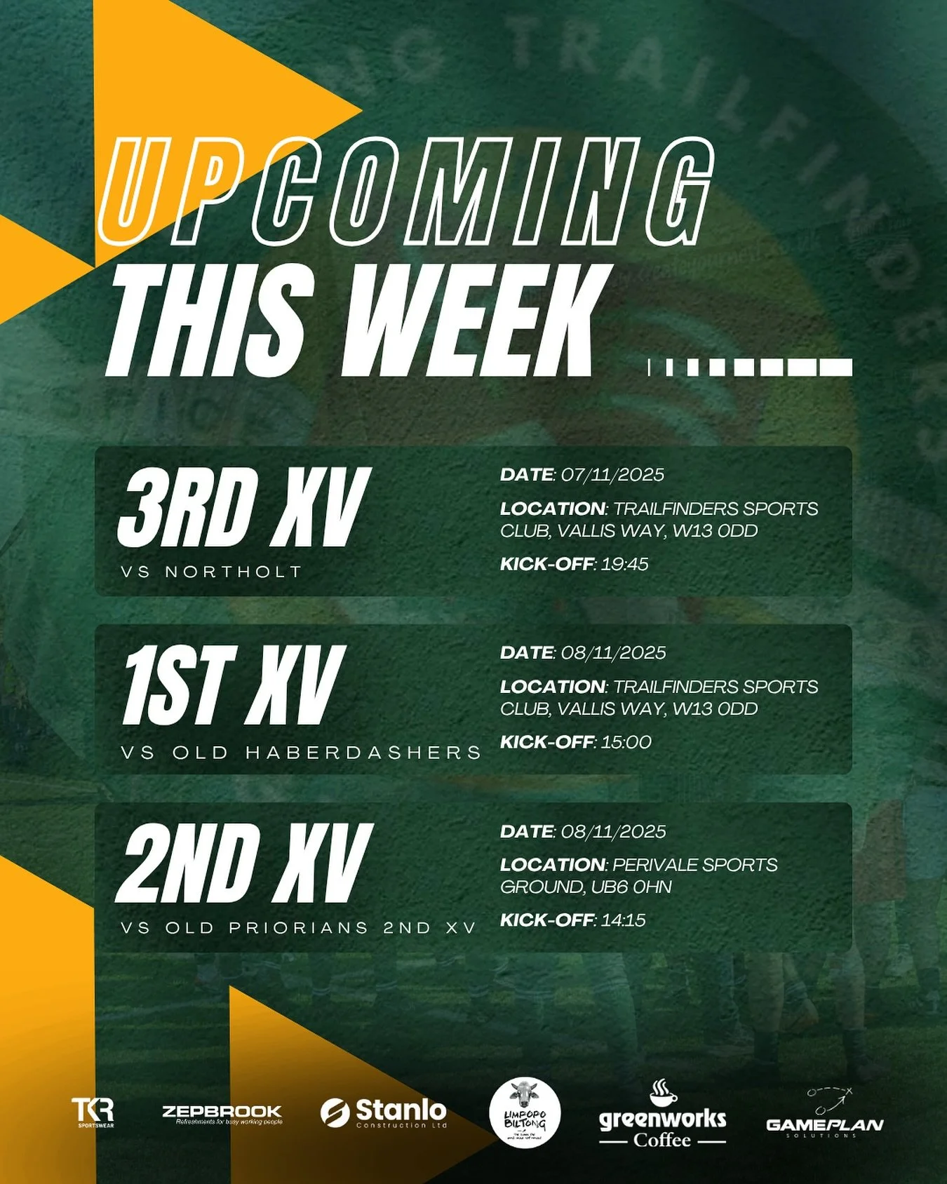 This weekend at 1871 📅 

🏉 3rd XV &ndash; Home vs Northolt, Friday, 19:45 kick off
🏉 2nd XV &ndash; Away at Old Priorians, Saturday, 14:15 kick off
🏉 1st XV &ndash; Home vs Old Haberdashers, Saturday, 15:00 kick off

Come along and support the te