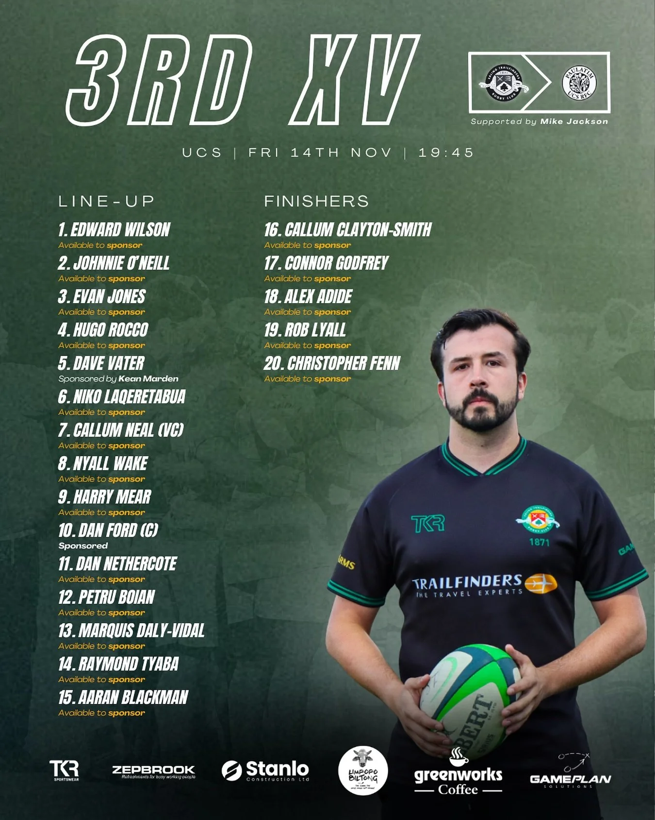 FRIDAY NIGHT LIGHTS 💚 Here we go! 

Here&rsquo;s your side for tonight&rsquo;s fixture against UCS. A lot of dynamic talent taking to the field including full-back Arran Blackman who dotted 2 try&rsquo;s last week and the returning Moldovan Petru Bo