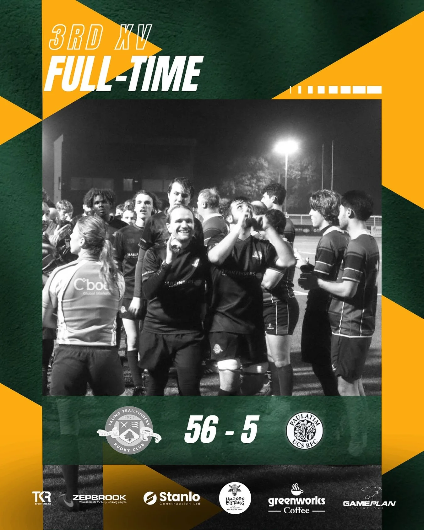 Full time scores from Friday night lights! 💚

The mighty 3s put on a dominant performance and came out with a 56-5 win! Well done lads! 

Big weekend ahead for 1871 at home - we want the place buzzing

1st XV v Old Streetonians at 3pm
2nd XV v Rossl