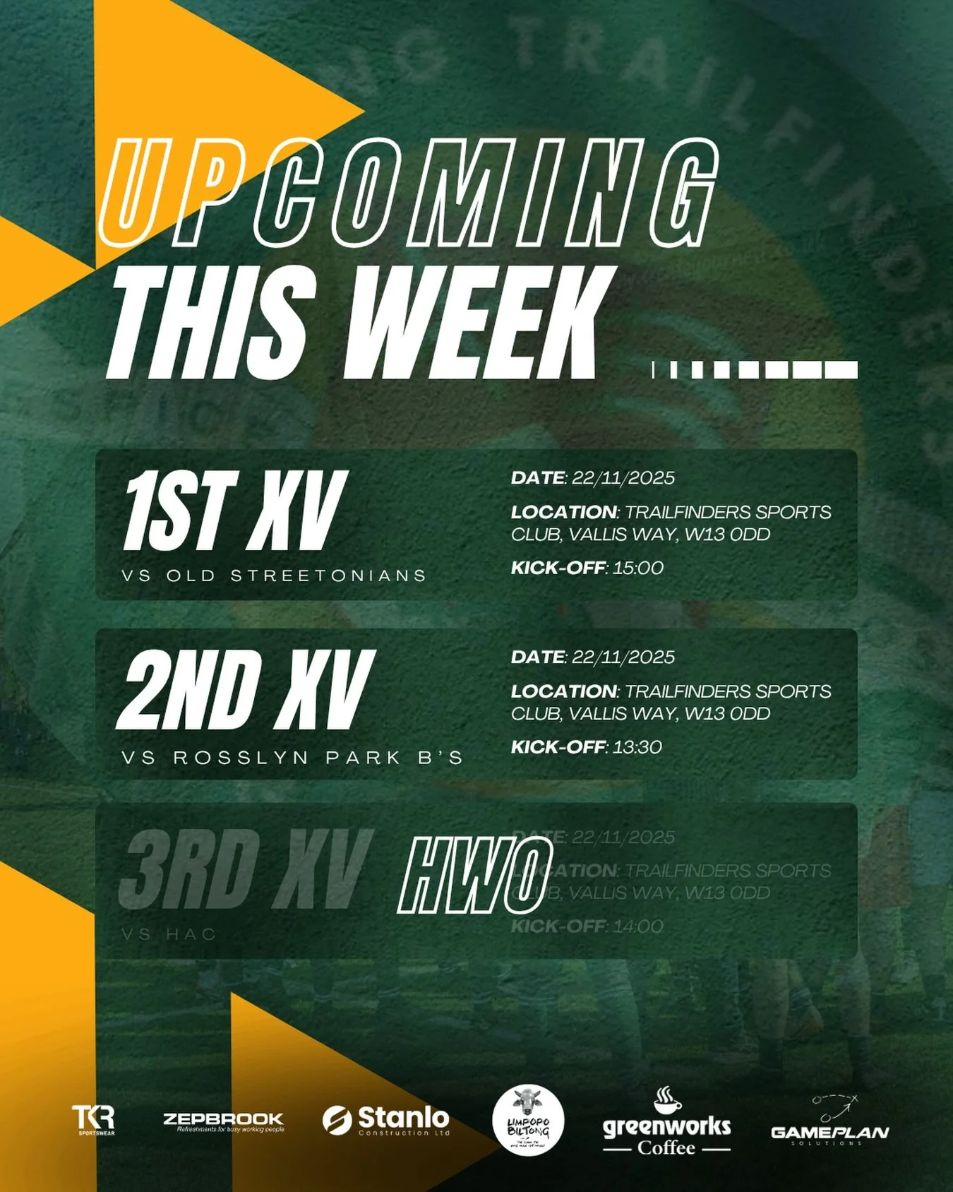 THIS SATURDAY AT 1871! 🗓️ 

It&rsquo;s set to be a great day at @trailfinderssportsclub, so come on down and support! 

We kick things off with the 2nd XV as they take on @rosslynparkbs and look to continue their excellent league form! Kick off at 1