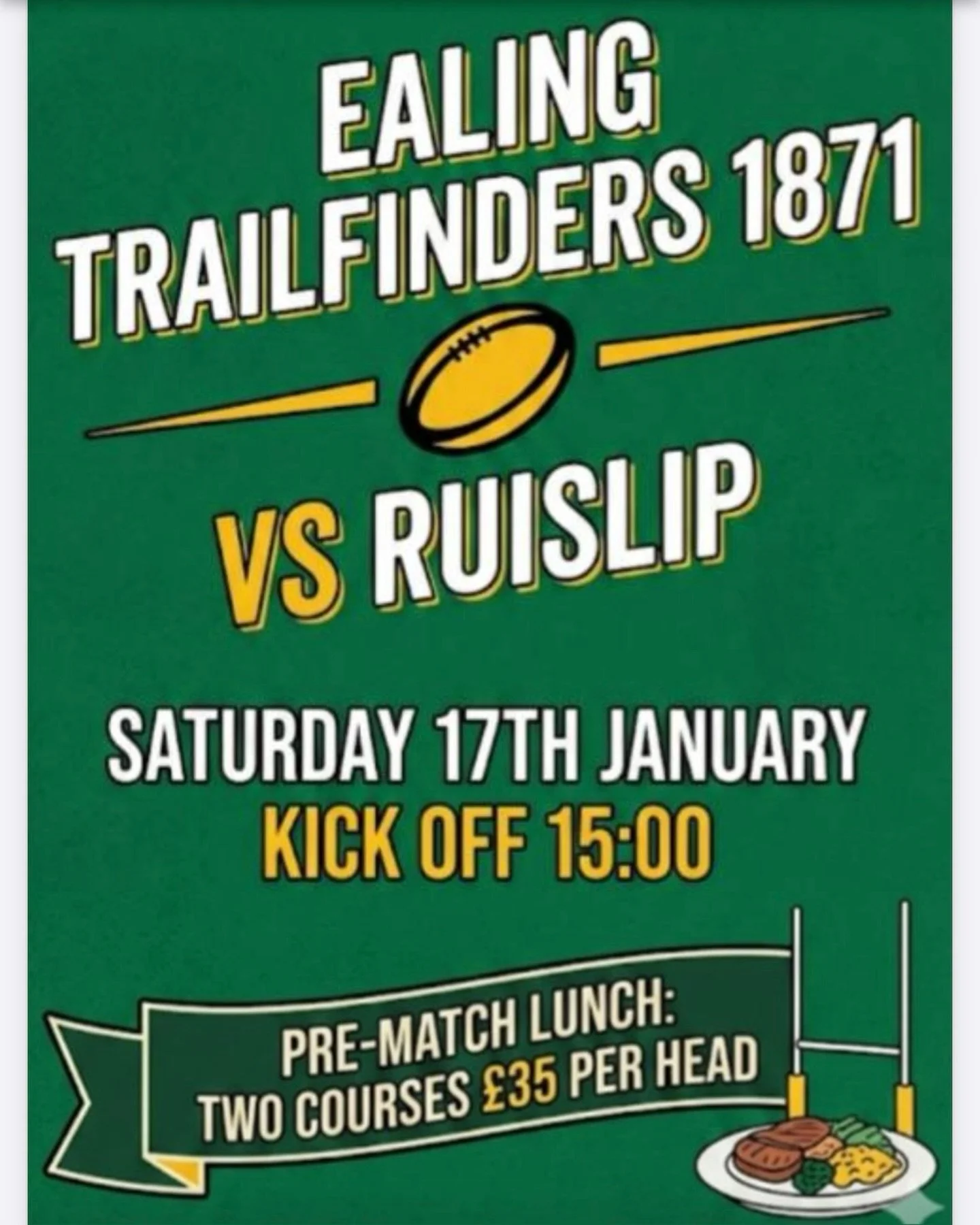 We have opened bookings for our pre match lunch ahead of the home game against Ruislip on 17 January. Join us from 13:00 with seating at 13:30. You can book individually or as a table of eight at &pound;35 per person.

Reserve your place through the 