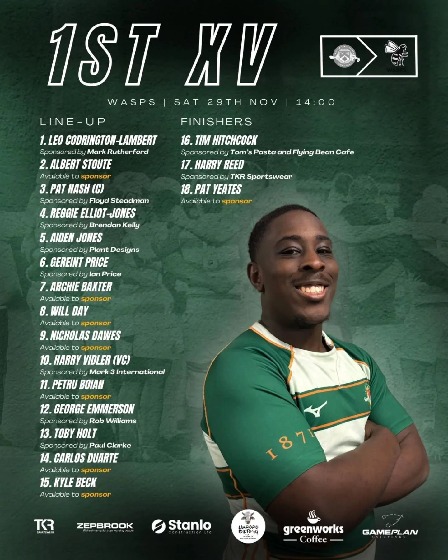 Here are today's teams as the 1st XV take on @waspsfc  and the 3rd XV take on @hanwellrfc! These will be two hotly contested fixtures taking place at the same venue, Twyford Avenue! Get down to support the lads this afternoon. 💪

1sts KO @ 2pm
3rds 