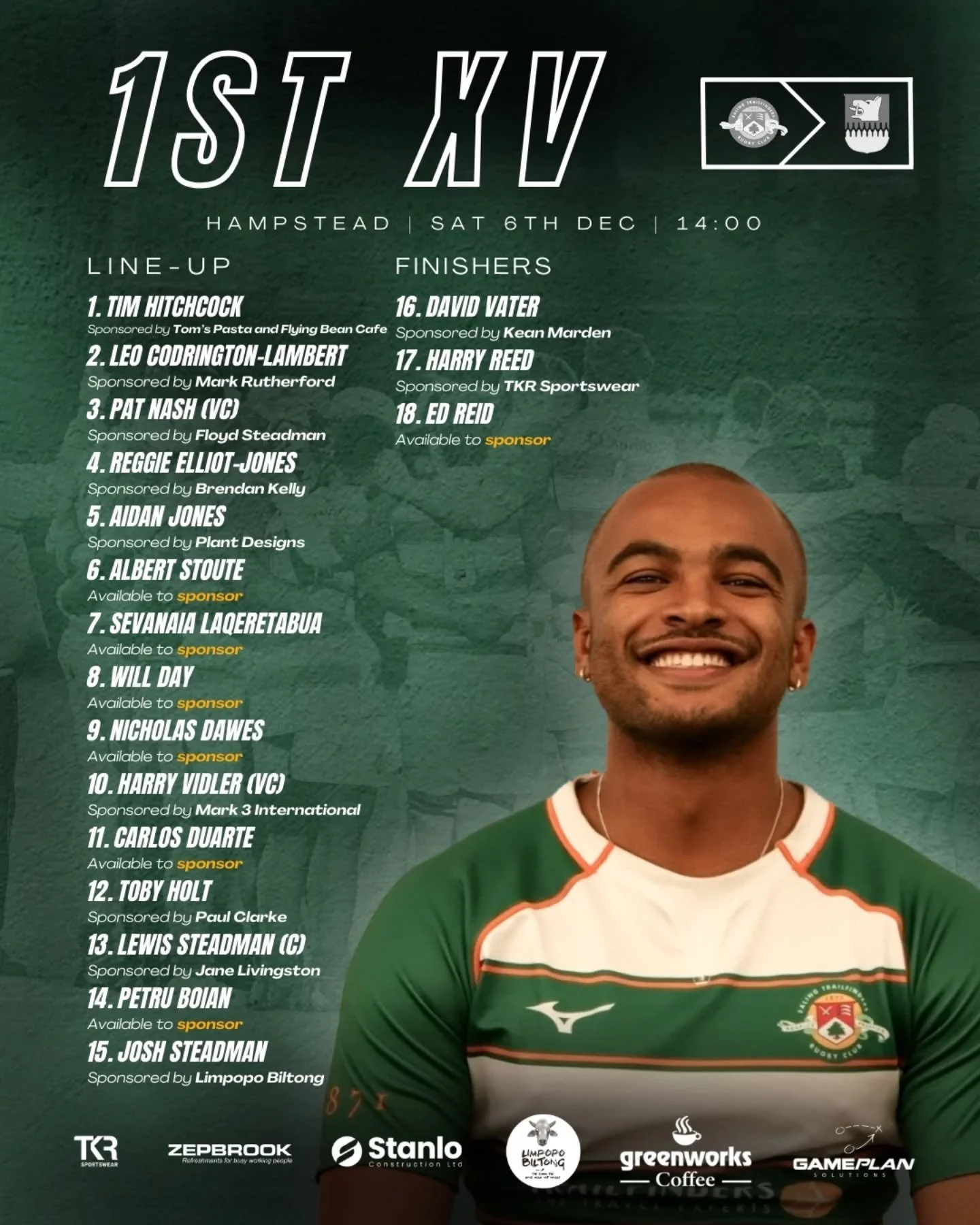 ​Another weekend of away fixtures, with all teams kicking off today at 14:00. 💚

​The 1st XV travel to Hampstead, led by the returning skipper, Lewis Steadman. New signing Albert Stoute takes his place in the back row, and it is a 1st XV debut for s