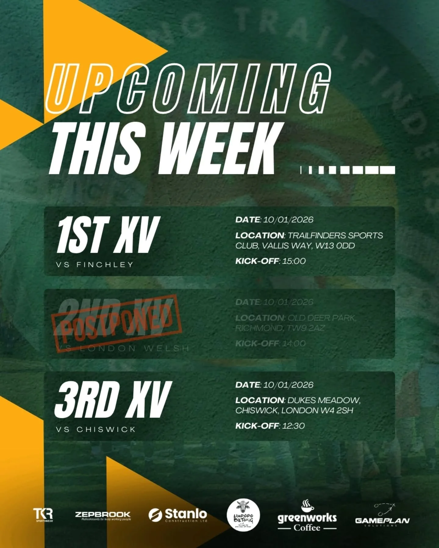 Here we go again! Here some fixtures this weekend to bite your teeth into! Be sure to get down to support the lads

The 3rd XV kick off the day travelling to Chiswick. They previously came out on top in this fixture in a tough fixture at Vallis Way. 