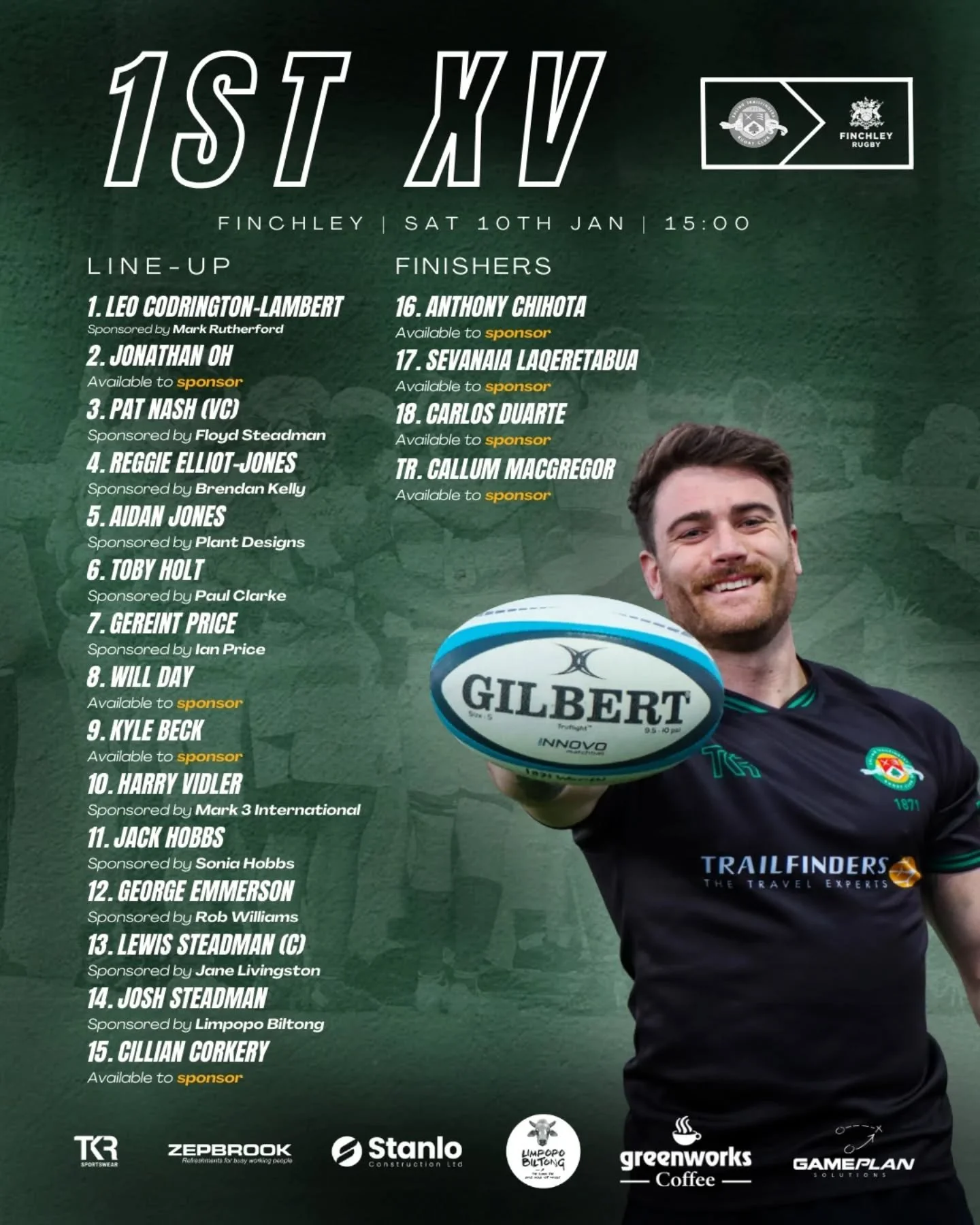 Here are today's teams as the 1st and 3rd XV kick off the year in style! 

1st XV (H) Vs Finchley
3rd XV (A) VS Chiswick

Big day as always 💚 LFG