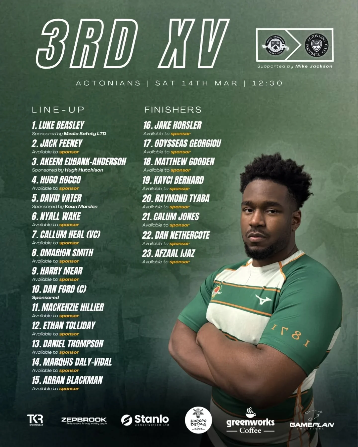 Here's your team for today's 3rd XV away fixture to Actonians!

Kicking off at 12:30, Fordys lads are looking to continue their quest for a home play-off fixture! A tough task ahead as they head to top-of-the-table Actonians, but this is an exciting 