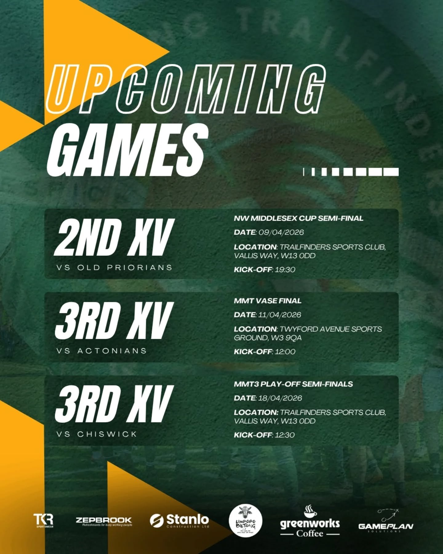 📆 A few dates for your diaries over the next few weeks! The 2nd and 3rd XV are on the hunt for silverware! 

The 2s are in the semi-finals of the NW Middlesex Cup with a clash against local rivals @oldpriorianrugbyfootball next week  kicking off at 