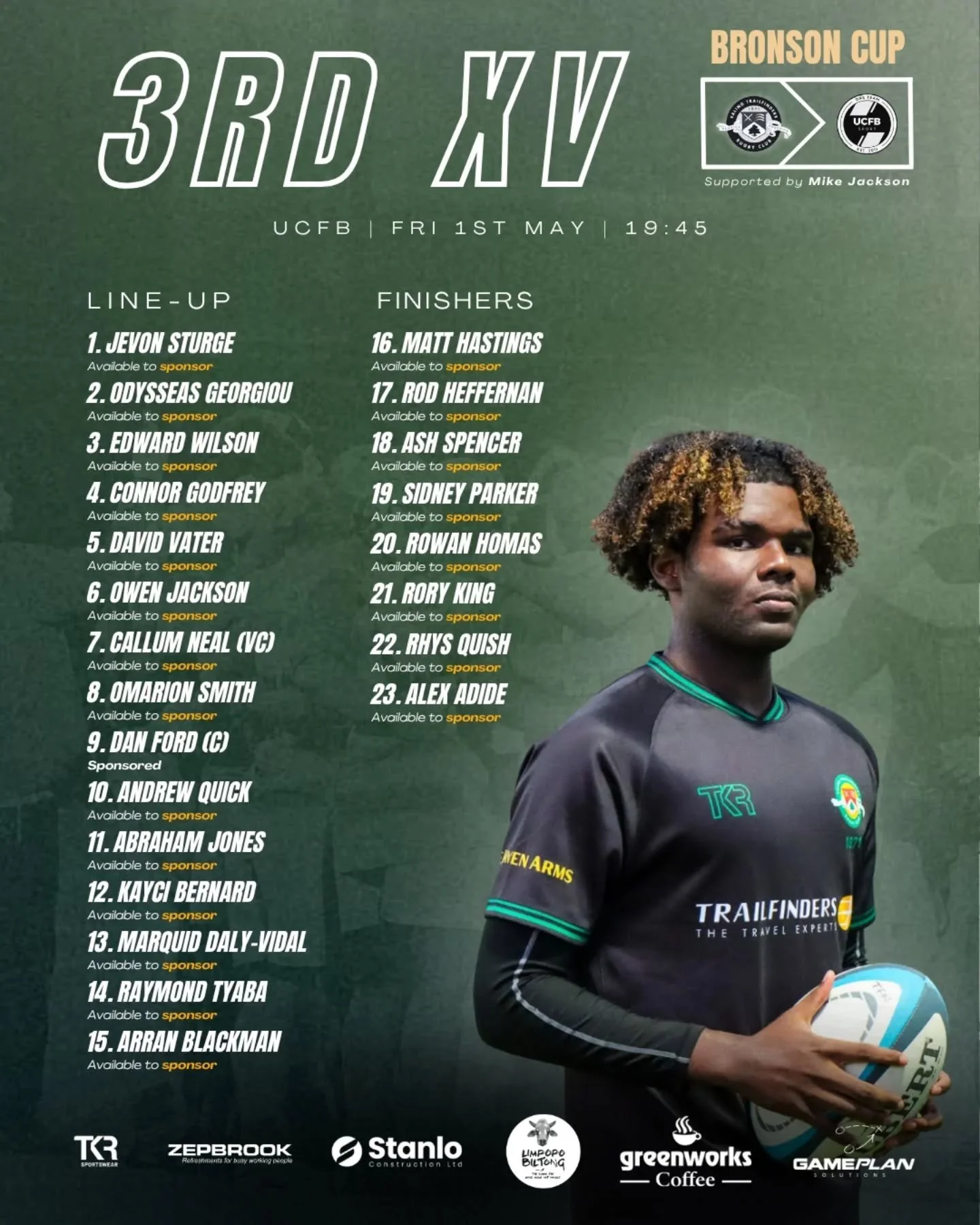 Here we go - one more fixture before the end of the season! The 3rd XV take on @ucfbrugby tonight in the Bronson Cup! 

A great way to sign off the season! Kick off at 7:45pm @trailfinderssportsclub! 

Get down support the lads and enjoy the sunshiii