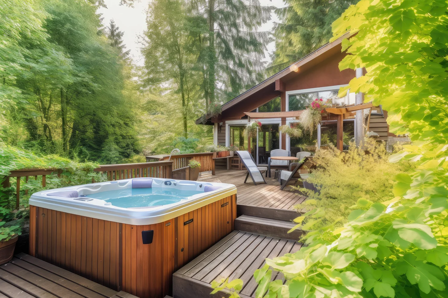 Hot tub on a wooden deck beside a house surrounded by greenery