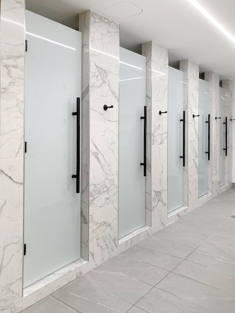 Frosted Shower Door Glass with Black Hardware