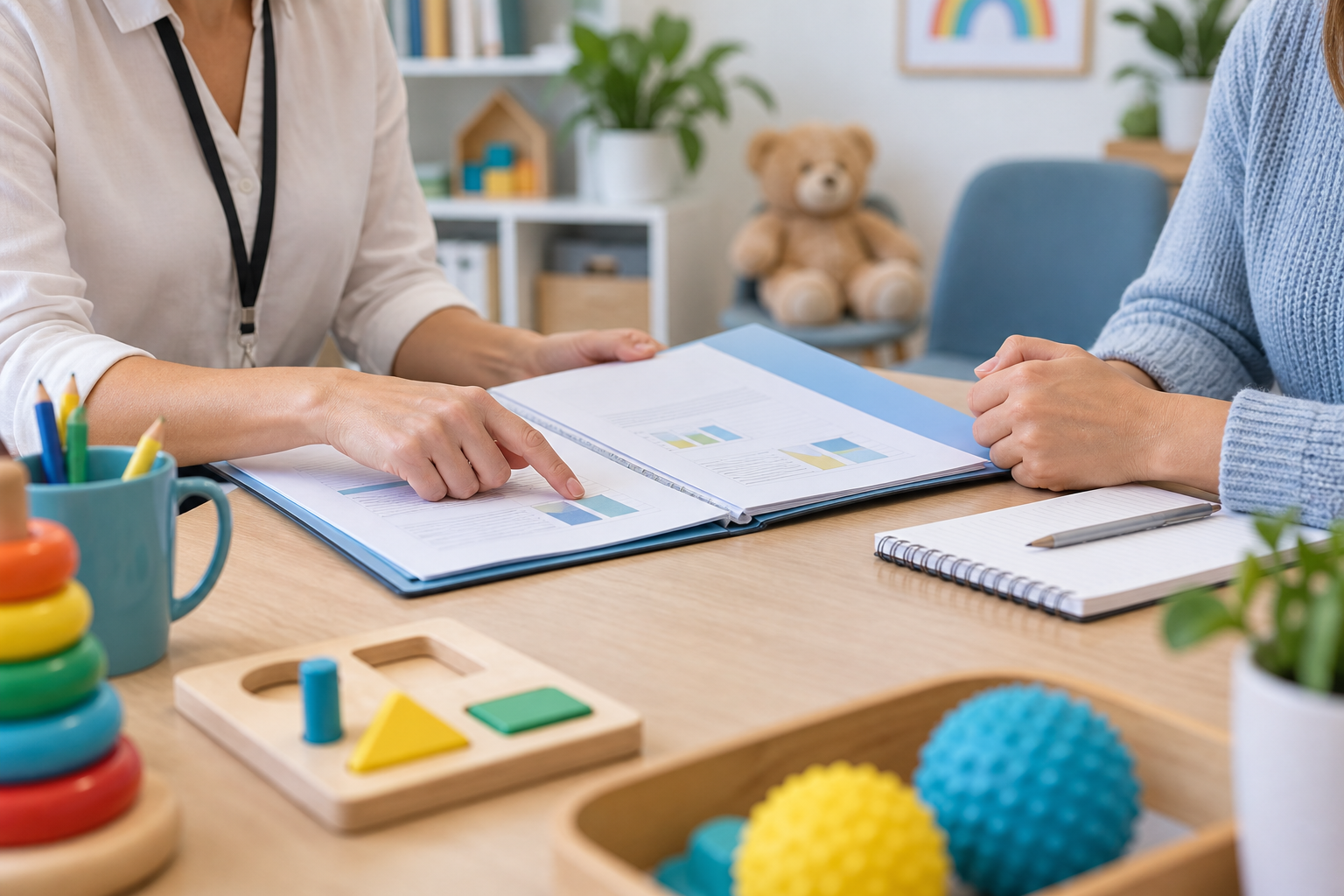 Therapist and parent reviewing evidence documents in a child-friendly therapy room.
