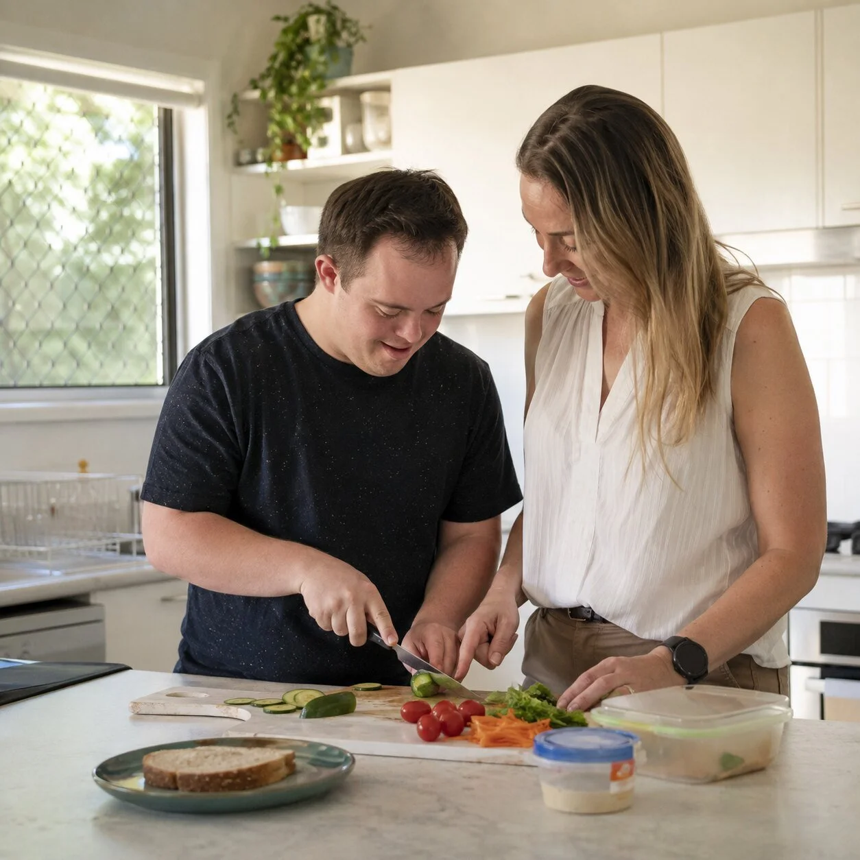 Occupational therapist observing an everyday kitchen task during a home based functional assessment.