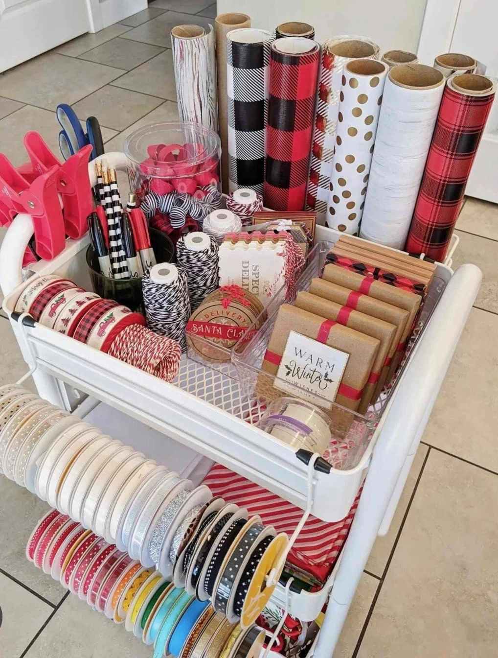Designated holiday gift and wrapping station to contain seasonal clutter in a Seattle home