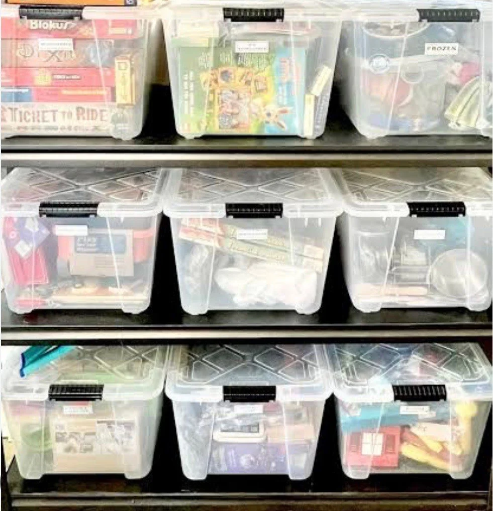 Toy rotation system using labeled bins to organize children's toys in a Seattle family home