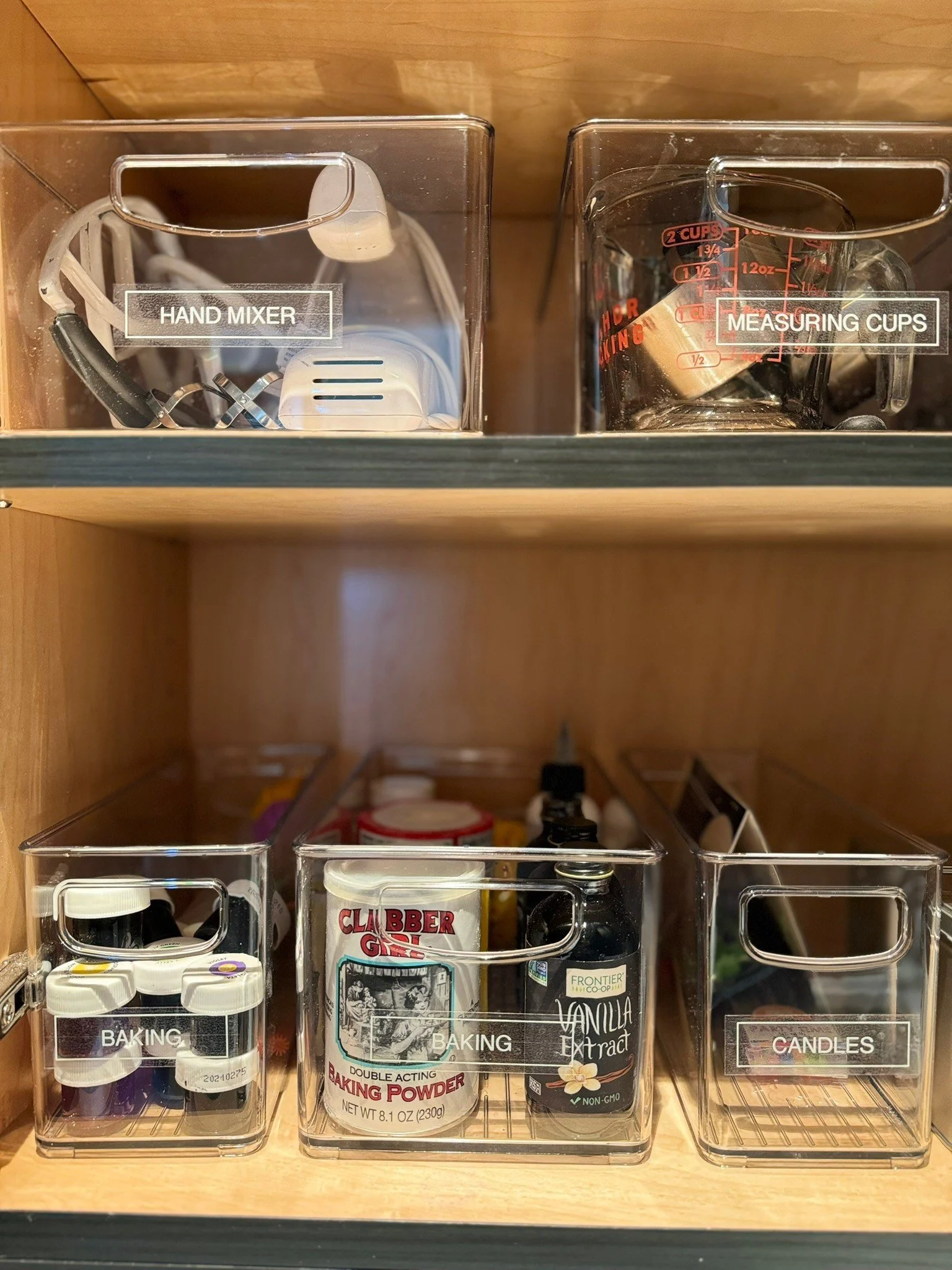 Organized pantry with labeled containers and baking supplies in a Seattle home before holiday baking