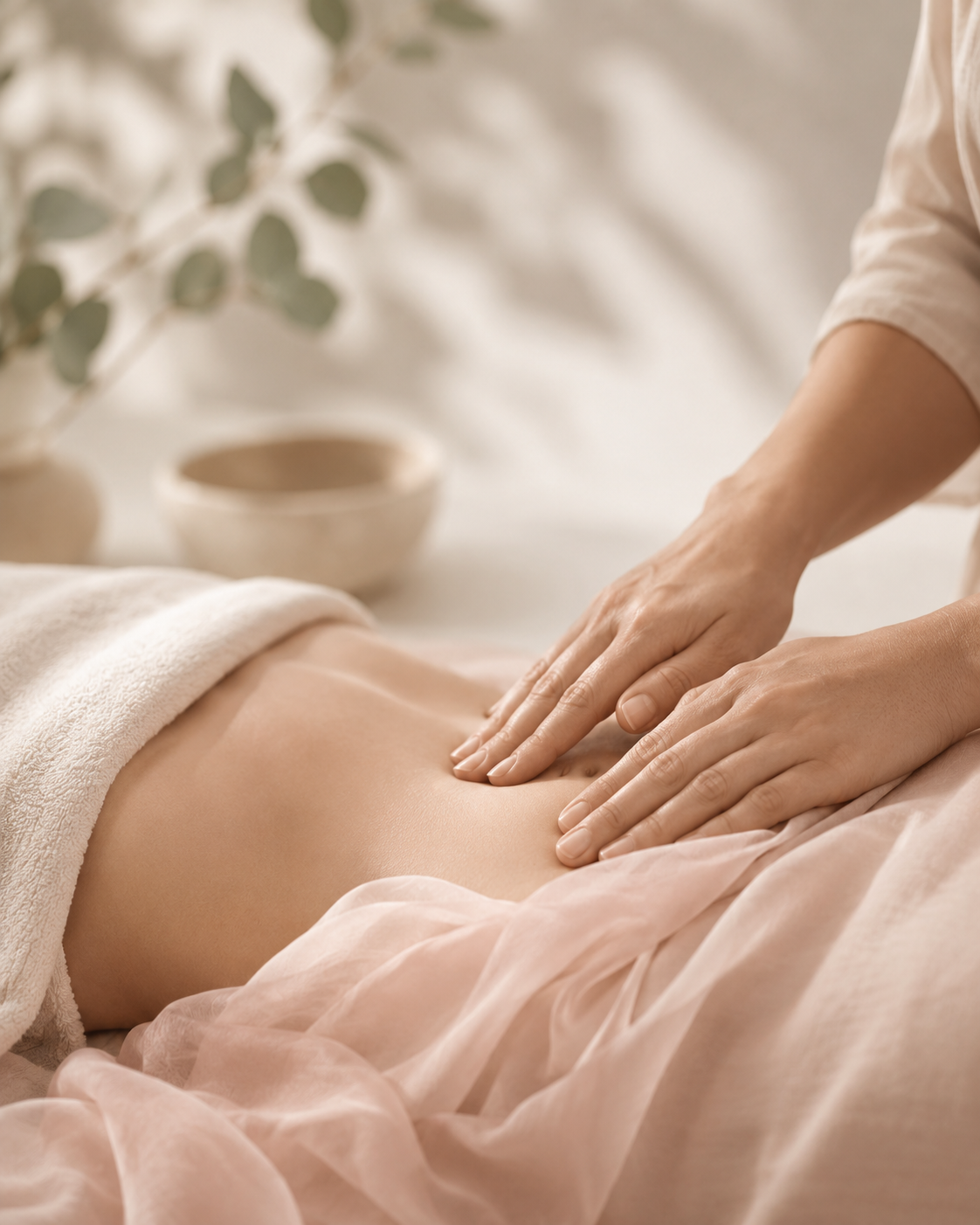 Person receiving a massage on their back in a spa setting with soft lighting, a bowl, and plant in the background.