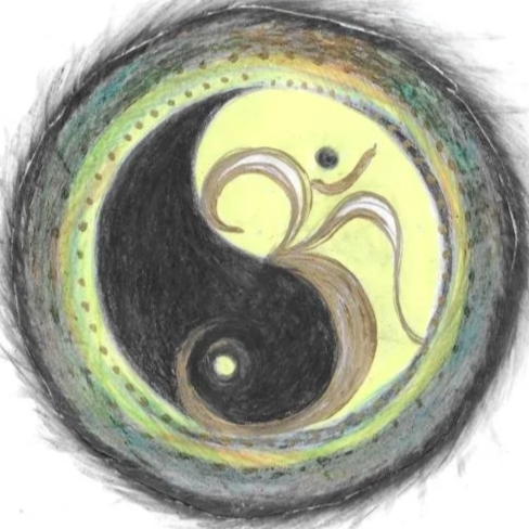 Selbst gemaltes rundes Ying & Yang Zeichen mit dem Om (Aum) Symbol in der Mitte. Om ॐ  - heiliger Laut aus Indien (vertreten In Hinduismus, Buddhismus & Jainismus) "Silbe des Universums"