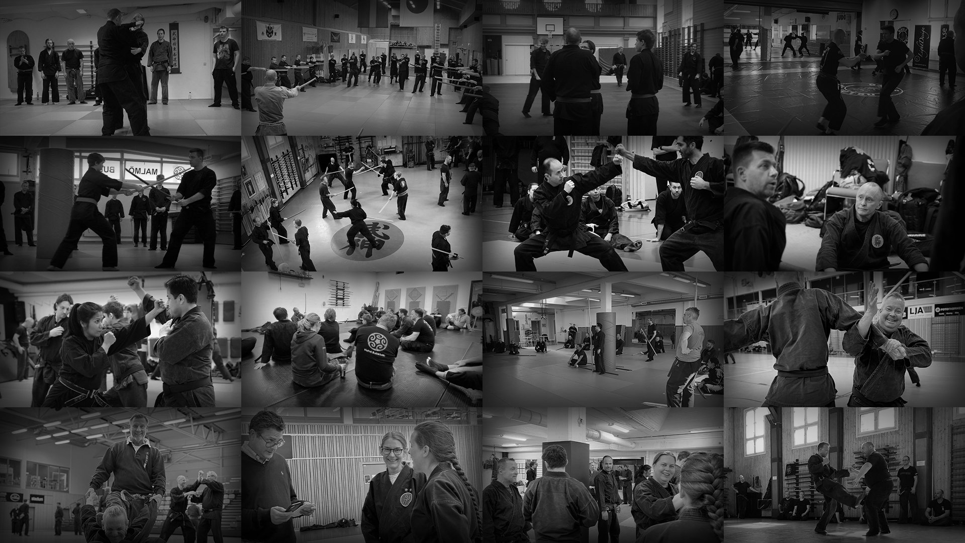 Texten 'BUJINKAN' fylld med bilder av olika personer och kulturella symboler, inklusive en röd tecken på höger sida.