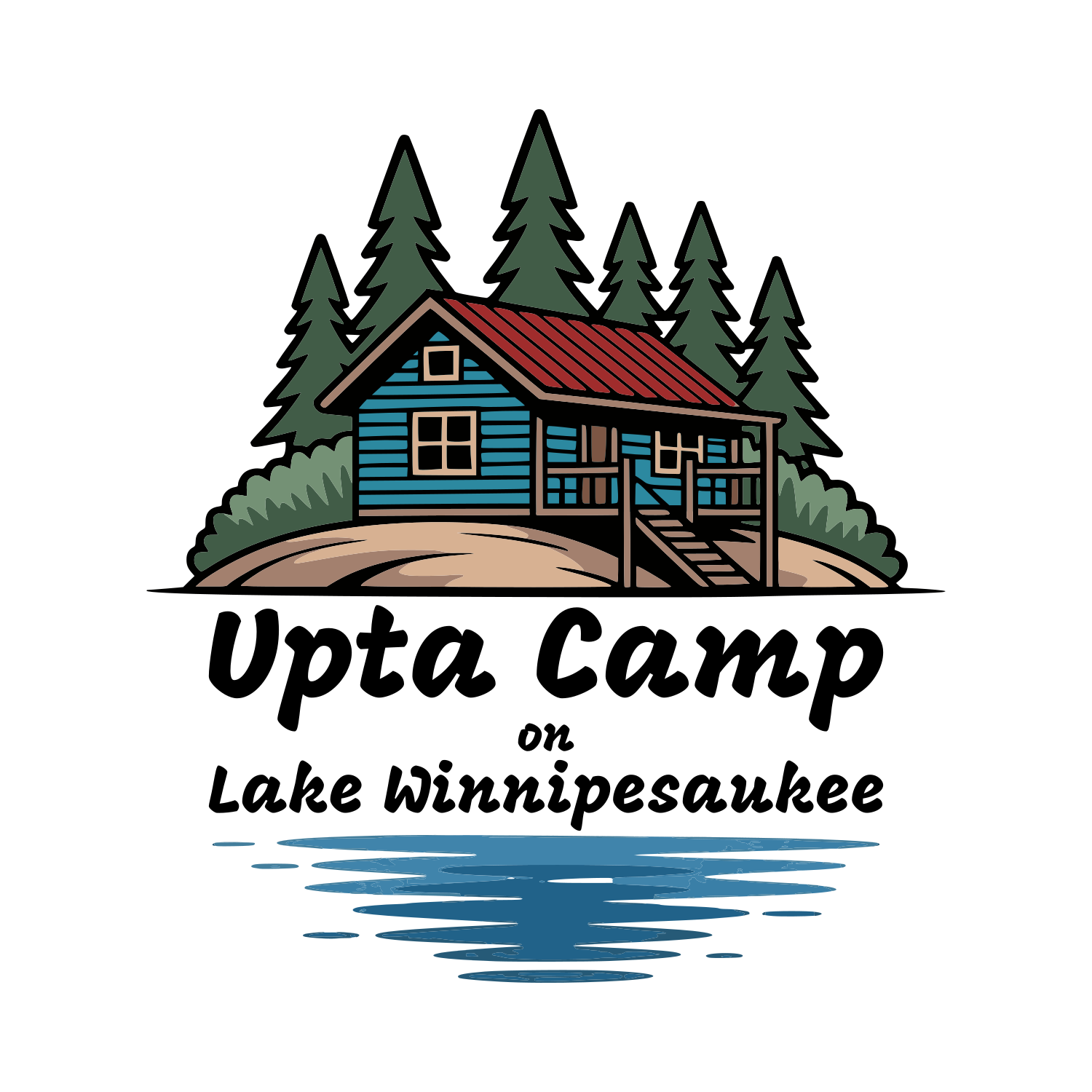 Logo of Upta Camp on Lake Winnipesaukee featuring a wooden cabin surrounded by pine trees and reflecting on the water.
