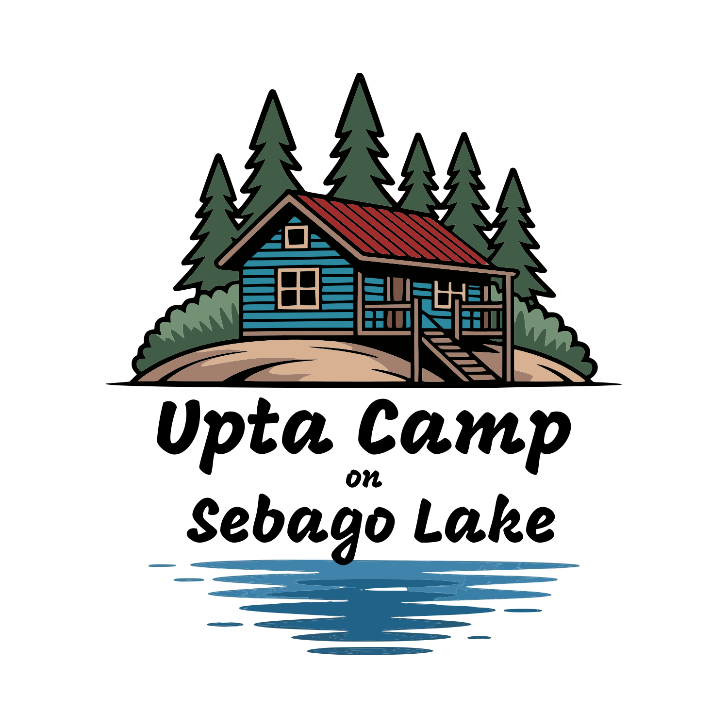 Illustration of a wooden cabin with a red roof, surrounded by pine trees, with water at the base and text reading 'Upta Camp on Sebago Lake'.