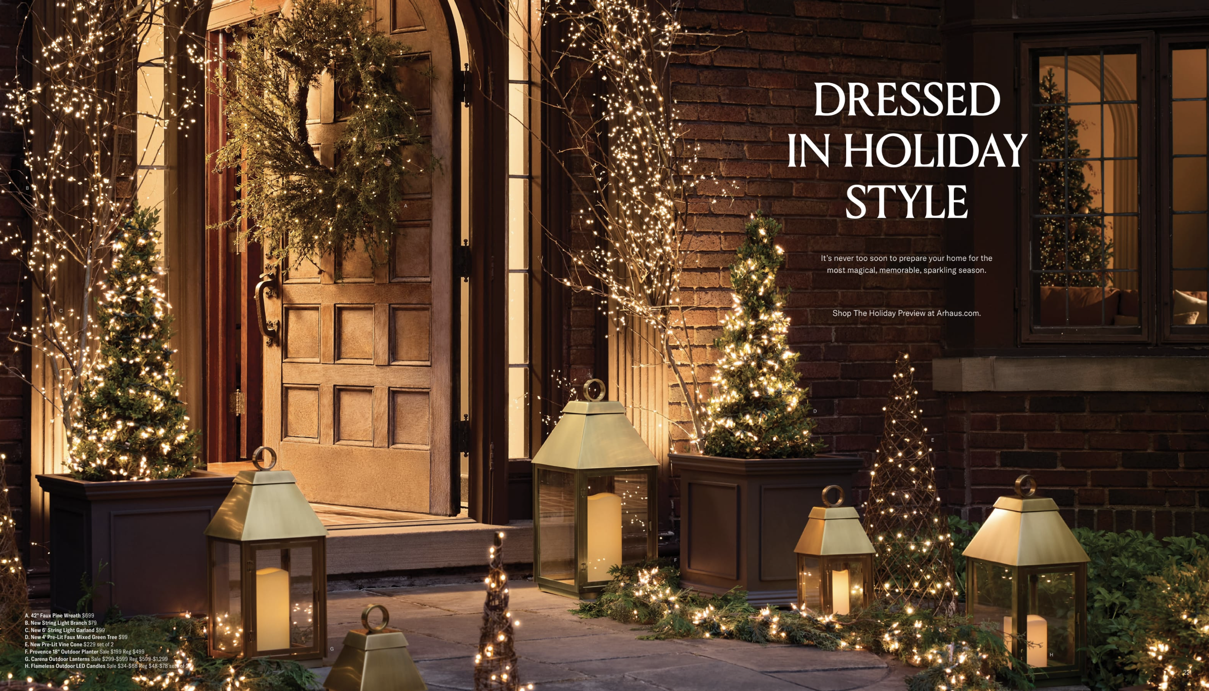 Arhuas 2024 Fall Catalog -- photo shows an image of a holiday-decorated front door with the words 'dressed in holiday style' there are lanterns with candles lining the side walk, and a large wreath on an open front door.