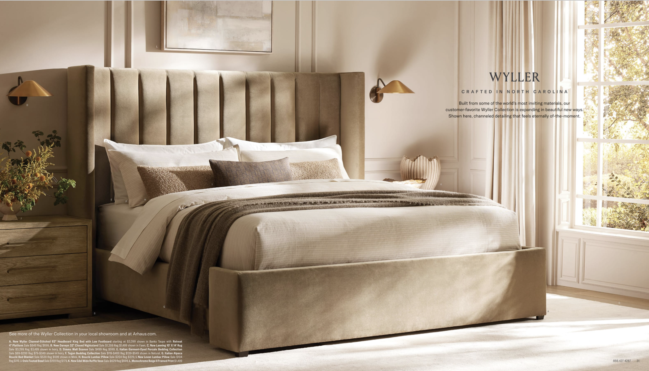 Arhuas 2024 Fall Catalog -- photo shows a bed with a plush, mod bedframe in taupe. the bed is neatly made with duvet, sheets and a few pillows. the bed is by a large window with filtered light. there are two sconce lamps on either side of the bed, an