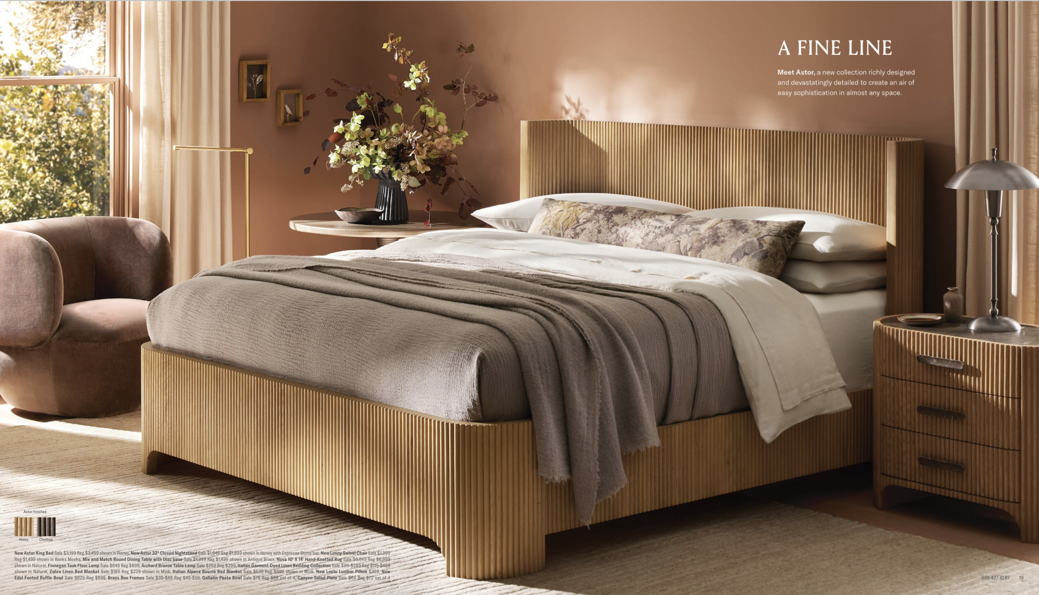 Arhuas 2024 Fall Catalog -- photo shoes a fluted wooden bed frame and bed neatly made. there is a green floral arrangement on the far side of the bed and grey sheets.