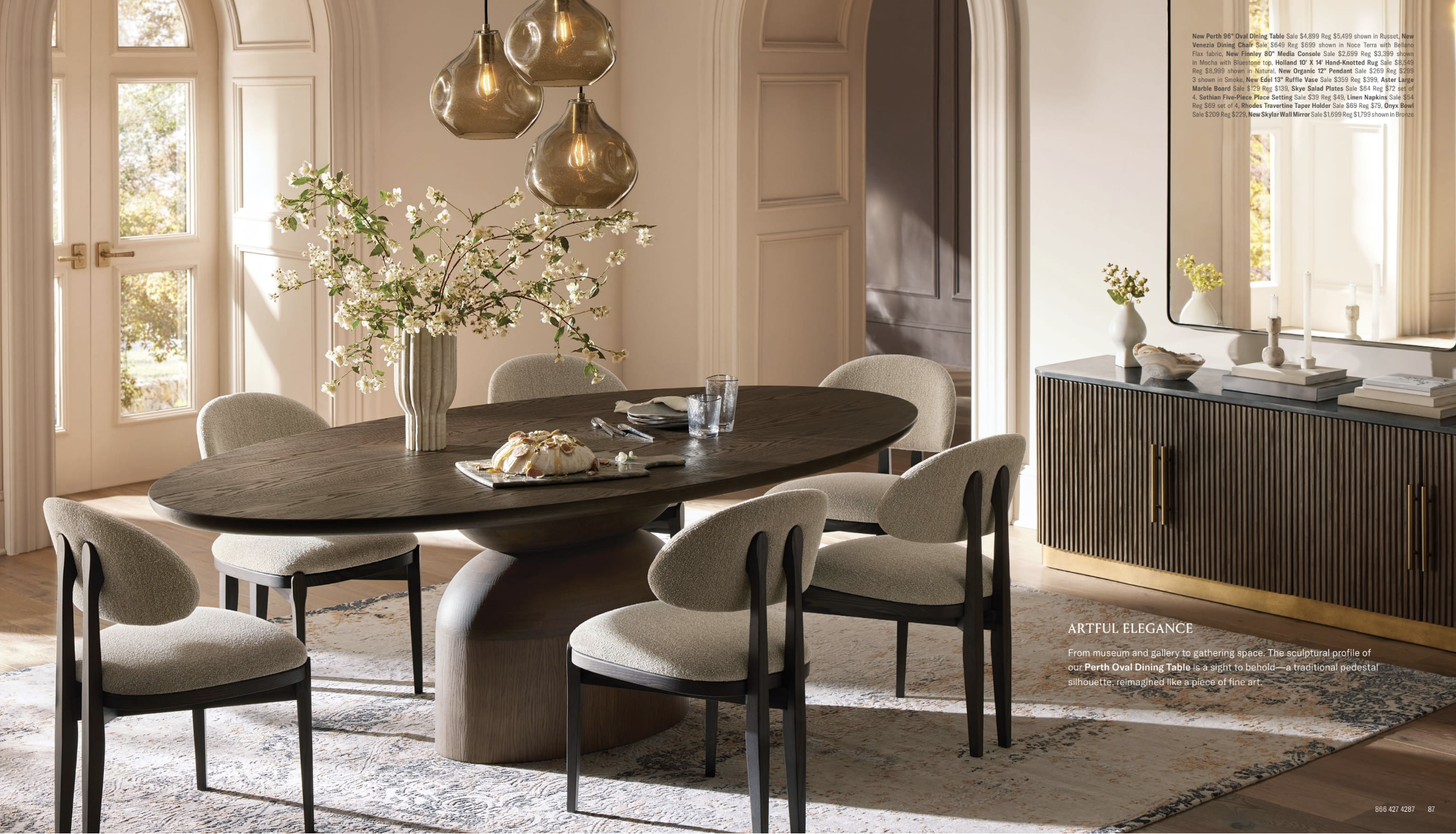 Arhuas 2024 Fall Catalog -- a dining room scene is captured in this image. it shows six grey and black upholstered chairs in a mod design, as well as a grey-toned wooden buffet holding a few decor items. a three shaded pendant lamp hangs above the ta