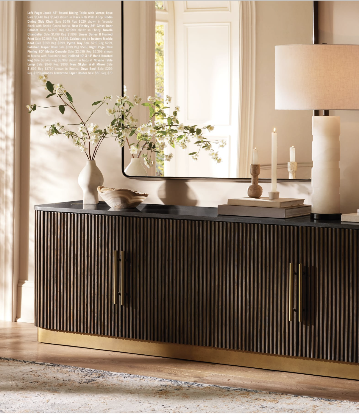 Arhuas 2024 Fall Catalog -- photo shows a fluted sideboard/buffet styled with a lamp, greenery, and books. 
