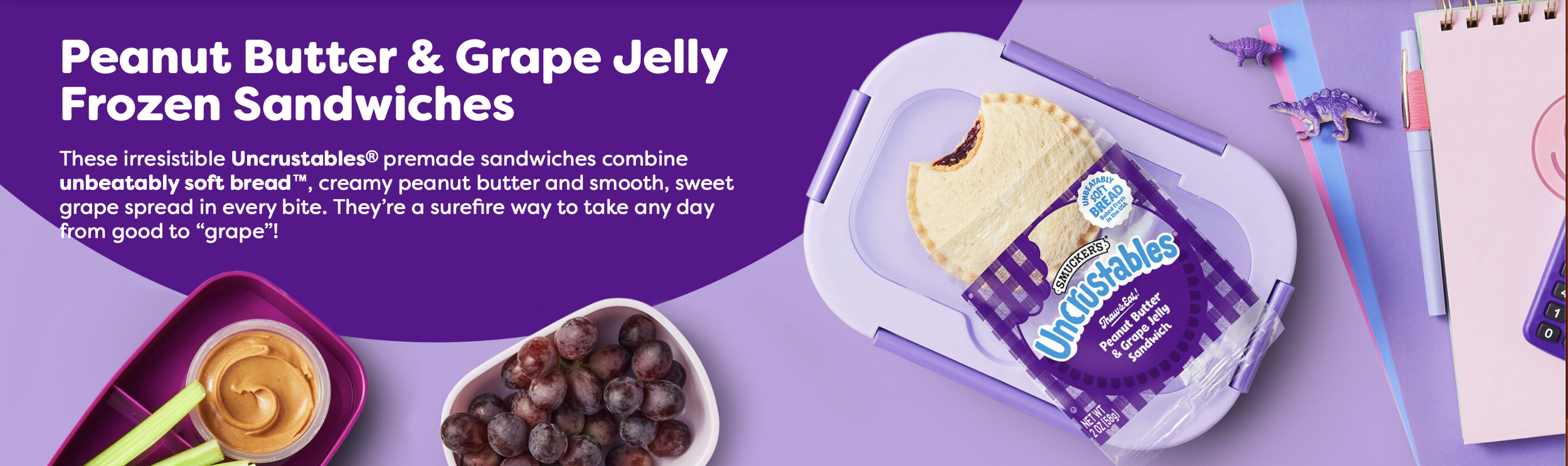 photo shows a peanut butter and grape jelly sandwich alongside other snacks like celery and peanut butter. a notepad sits a bit out of view.