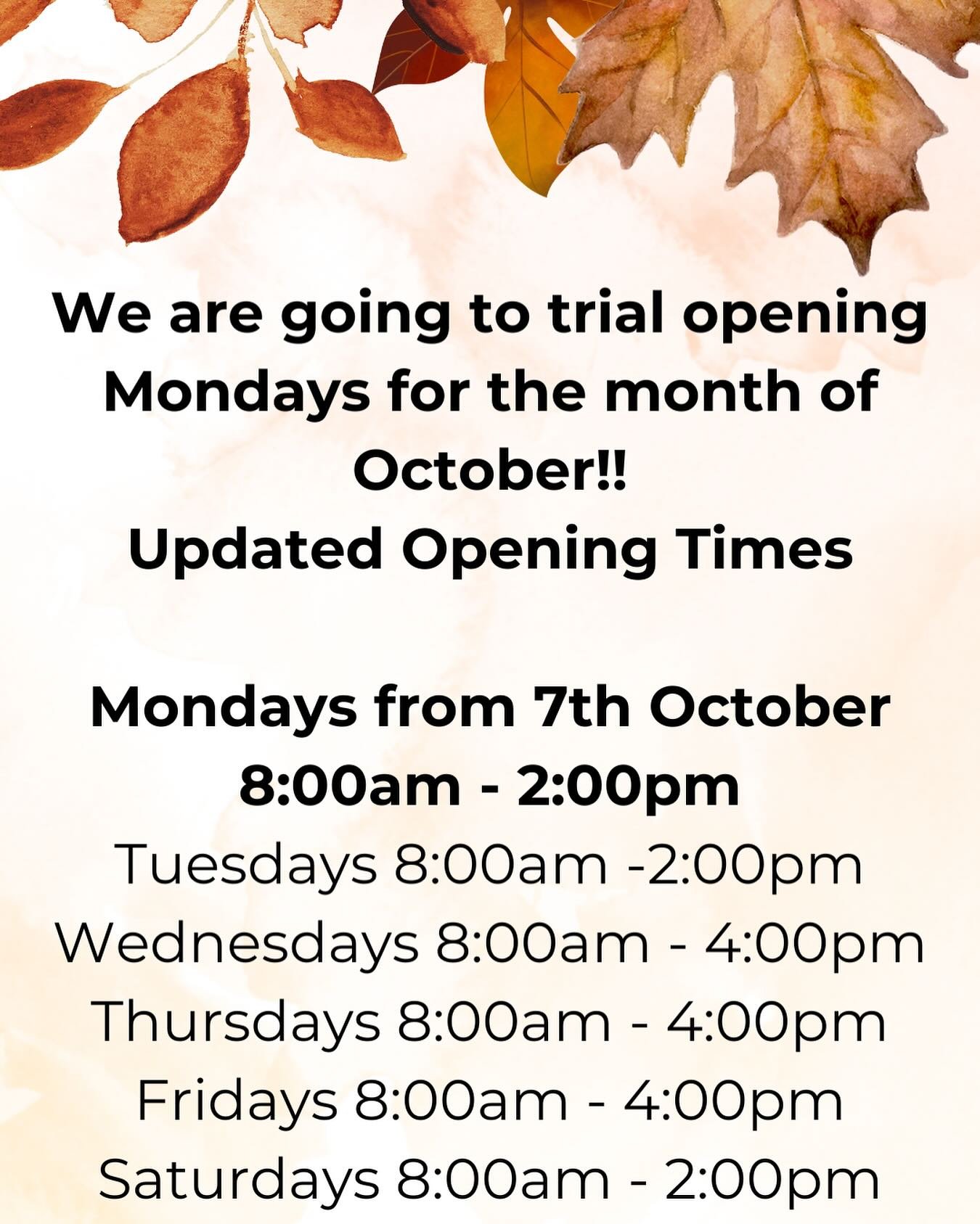 🍂 Hurrah!! We are opening Mondays for the month of October! 8am - 2pm ☕️ 

We appreciate requests and feedback from our lovely loyal customers so now you can enjoy a coffee and a cake on a Monday! 

This is just a trial period for the month, so if w