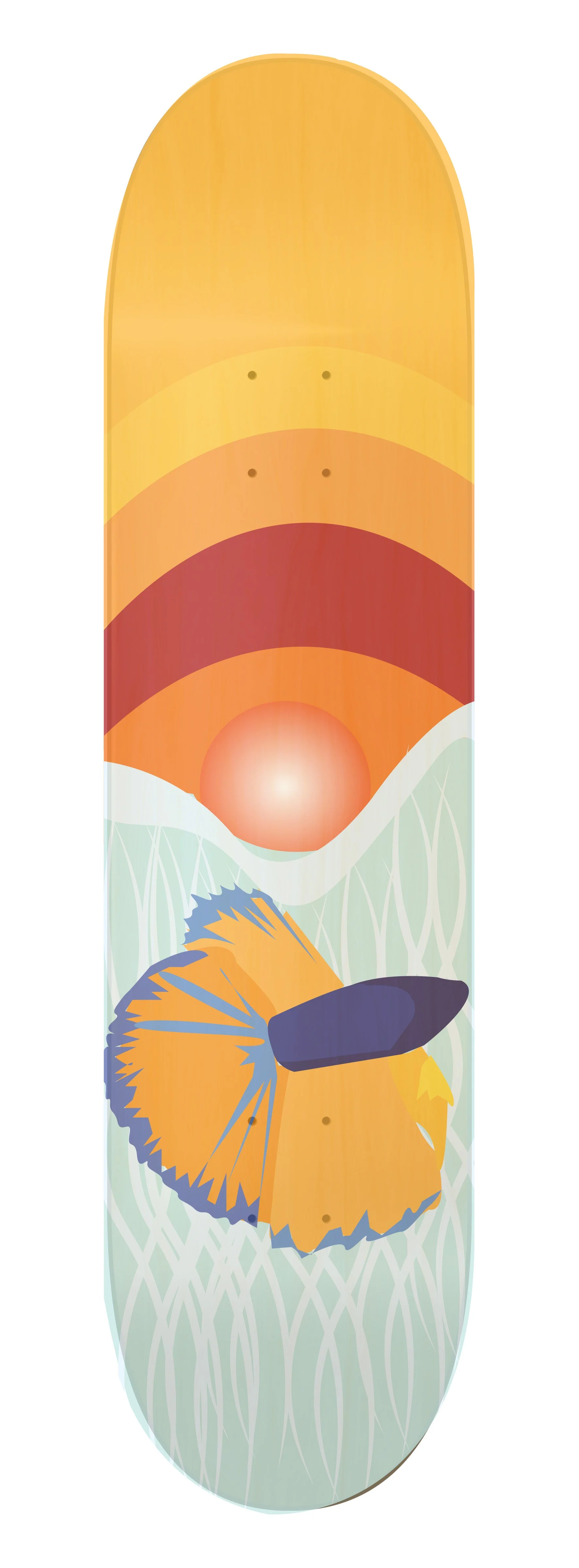Colorful skateboard deck featuring a sunset with an orange sun, layered yellow, orange, and red bands, and a butterfly resting on the lower part of the deck.