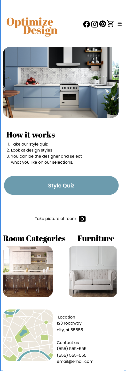 A mobile-friendly webpage promoting interior design services. It features a blue kitchen with modern cabinets, a stove, and decorative shelves. Text explains how to create a style quiz for personalized design options, with a prominent "Style Quiz" button. There are sections for room categories and furniture, each with images, and a map section with contact information.