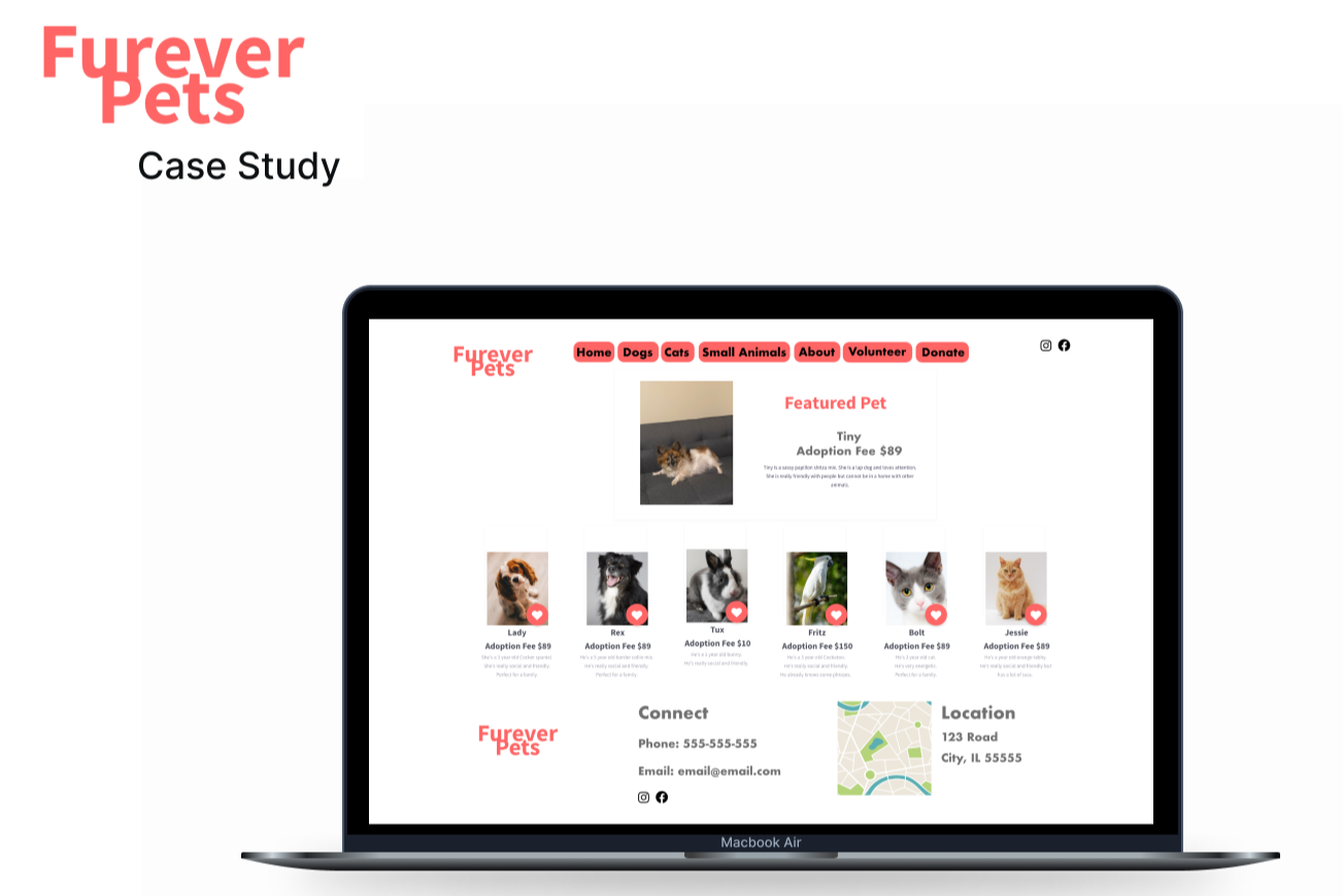 Website mockup for Furever Pets, an animal adoption organization, showing cats and dogs available for adoption, contact information, and location