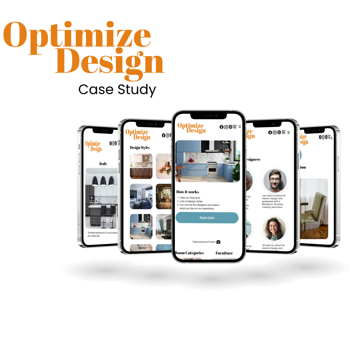 Mobile app screens for Optimize Design showcasing interior design options, results, and designer profiles displayed on five smartphones.