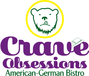 Logo for Crave Assessions American-German Bistro featuring a bear's face in a yellow circle above the name.