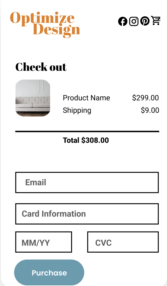 Online checkout page for furniture purchase showing product name, image, price, shipping fee, total, and payment information fields.