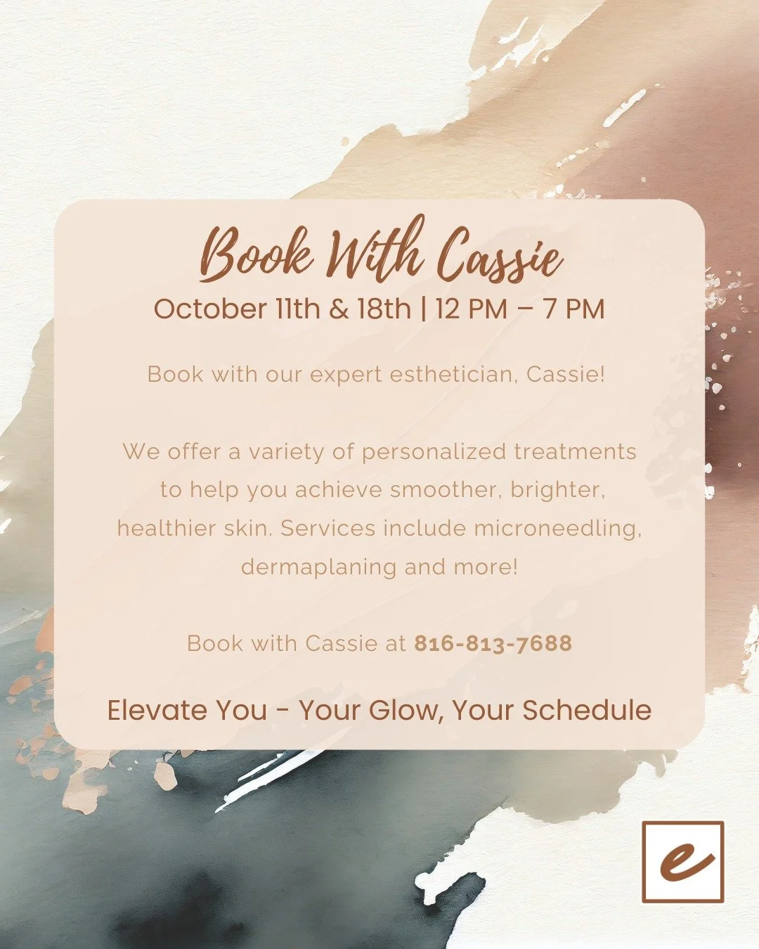 Our esthetician Cassie will be available on Saturday, Oct. 11 &amp; Oct. 18 from 12&ndash;7 PM!

Call or text 620-872-7675 to book your appointment!
.
.
.
.
.
#elevateyou #elevateyoumedspa #scottcitymedspa #scottcity #medspanearme #botoxnearme #botox