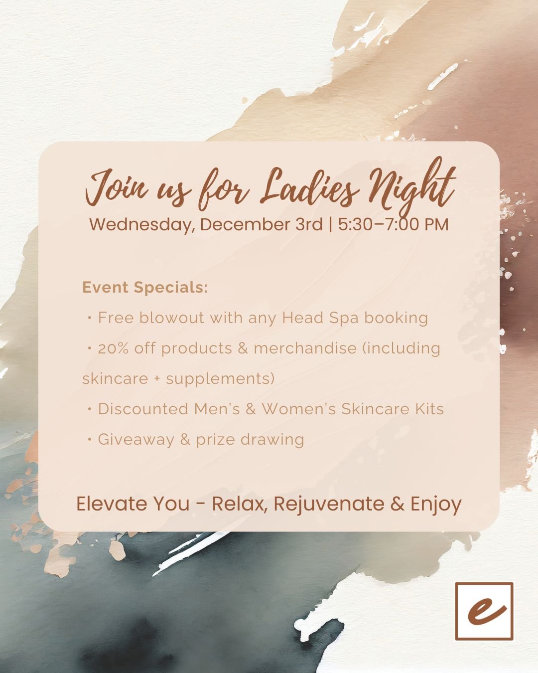 Join us for a fun and relaxing Ladies Night on December 3rd from 5:30&ndash;7 PM! ✨ Enjoy exclusive specials, giveaways, and a night out with your girls. We can&rsquo;t wait to see you there!
.
.
.
.
.
#elevateyou #elevateyoumedspa #scottcitymedspa #