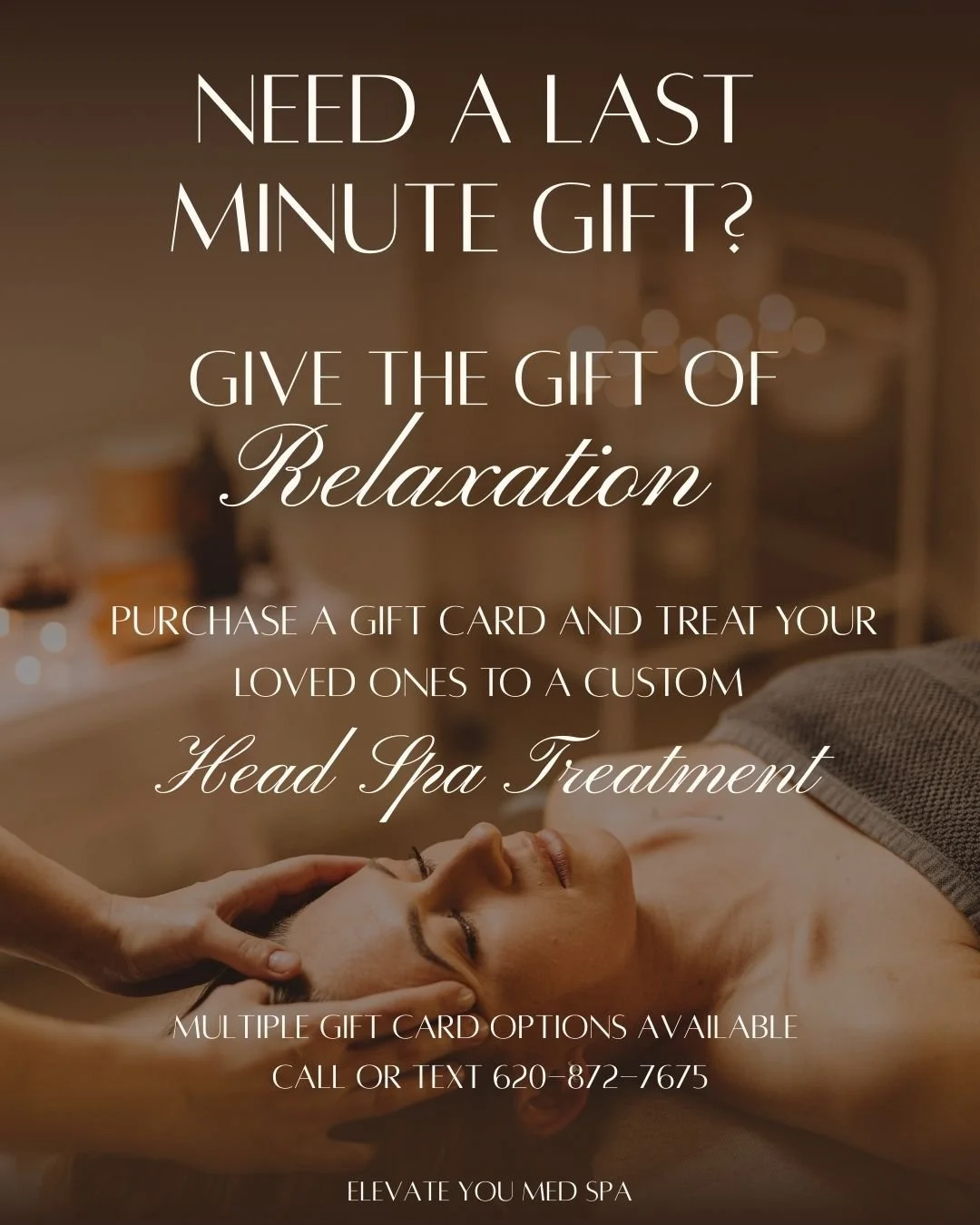 In need of a last-minute gift? Purchase an Elevate You Gift Card and treat someone special to a custom Head Spa Treatment! ✨💌

Multiple Gift Card options available to fit your budget. 

Call or text 620-872-7675 to purchase or purchase online at htt