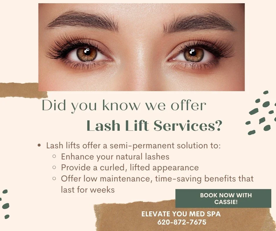 Enhance your natural lashes today! Lash Lift and Tint Services available at Elevate You ✨

Now booking with Cassie! Call or text 620-872-7675. Or book online at: 
https://elevateyoumedspa.myaestheticrecord.com/online-booking

#lashliftandtint #Eyelas