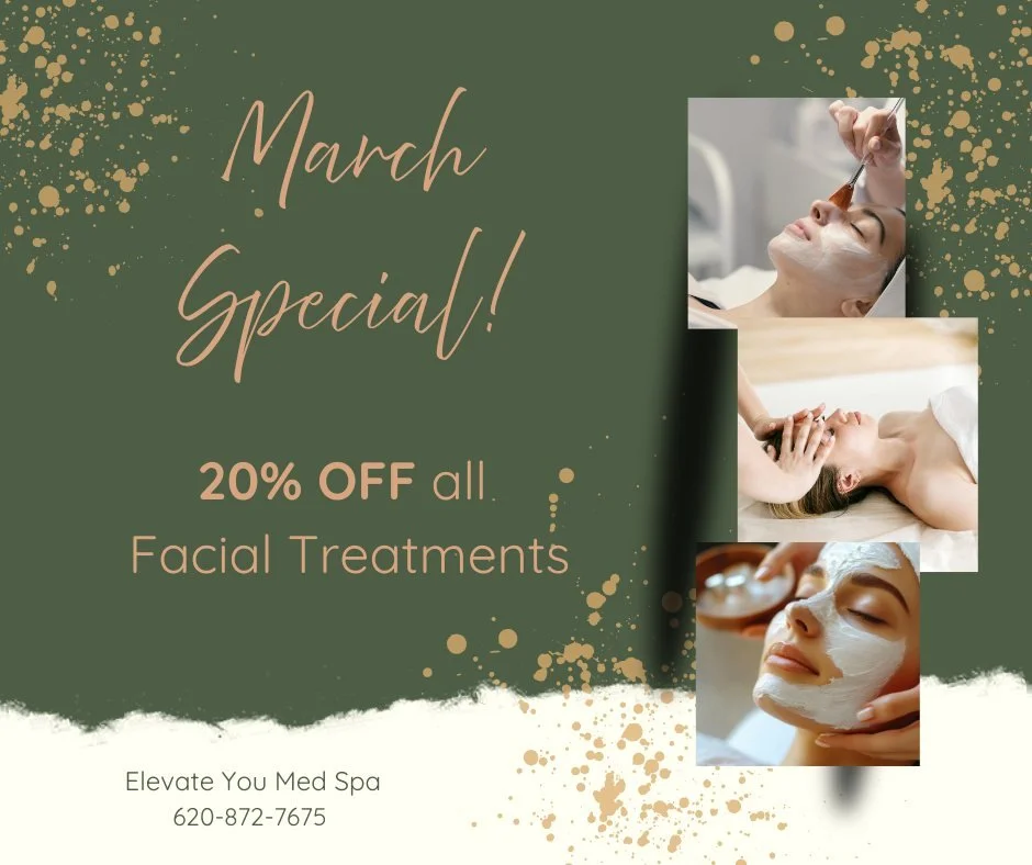 March Special at Elevate You! ✨🤍🌿

Book a facial with Cassie or Alivia and get 20% OFF! Get your skin ready for Spring Break or treat yourself just because! A variety of facial options available for booking. Valid through March 31st. 

Call or text