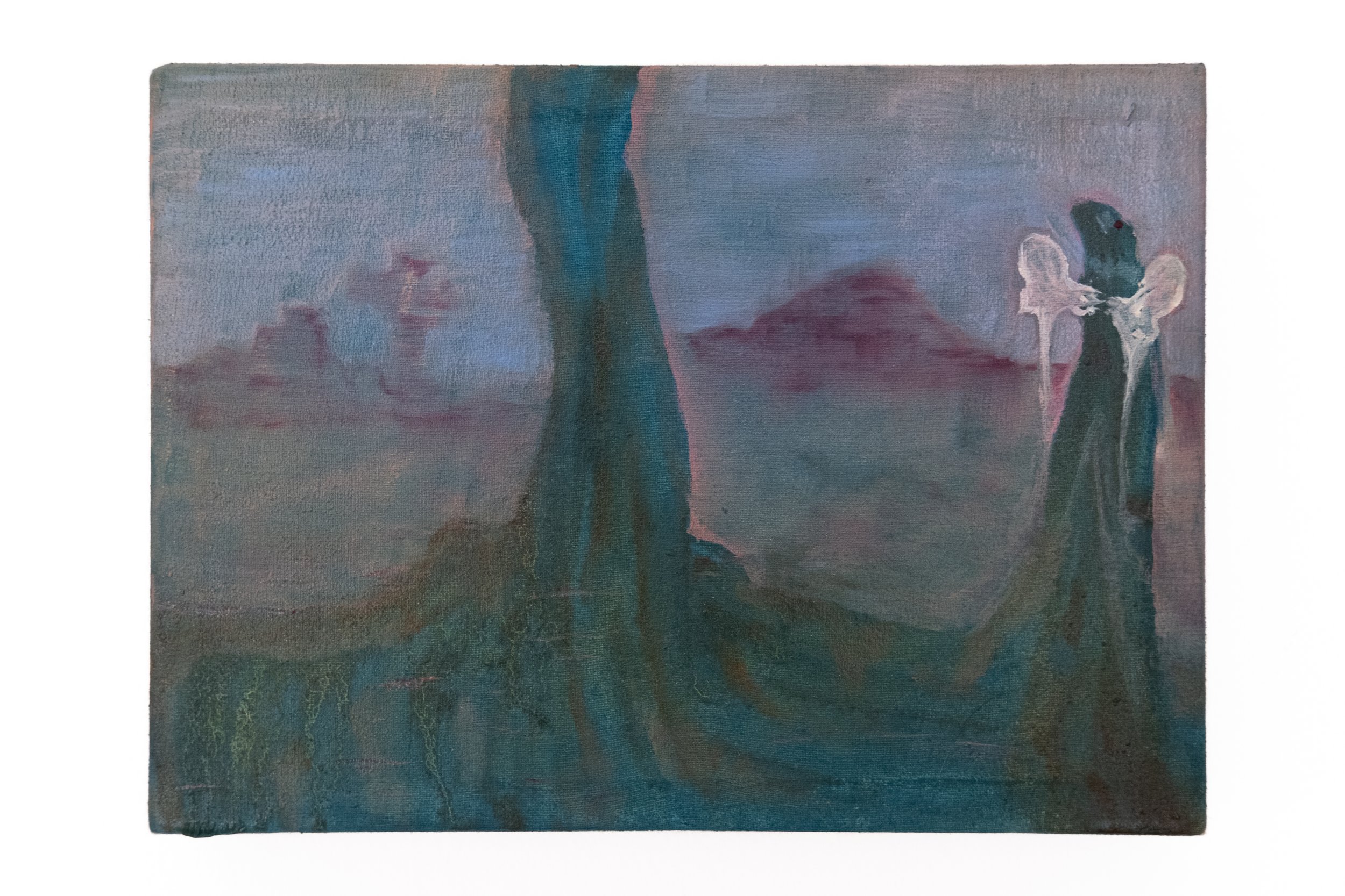 Un ange passe à la recherche d’un silence analogique, 2025, oil on canvas, 18.5 x 25.5 cm