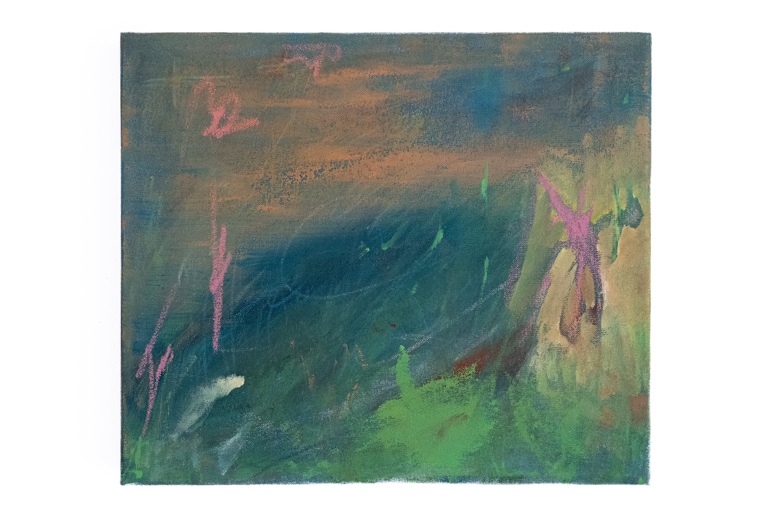 Lac le soir, 2025, oil and pencil on canvas, 30.5 x 36 cm