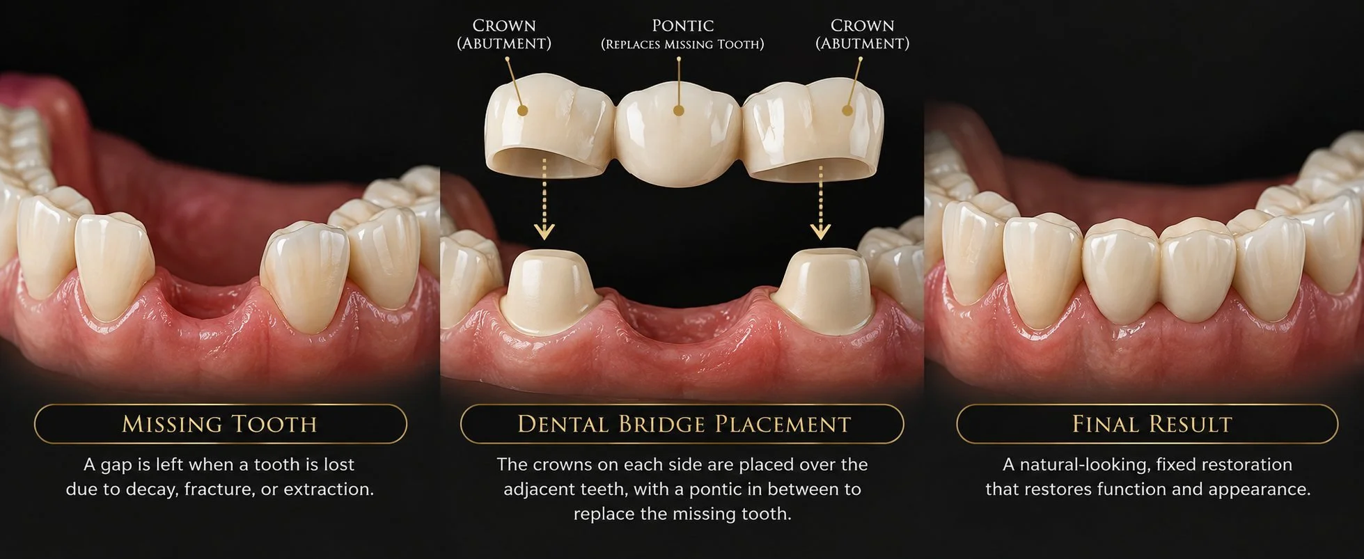 Dental bridge illustration showing abutment crowns and a pontic replacing a missing tooth