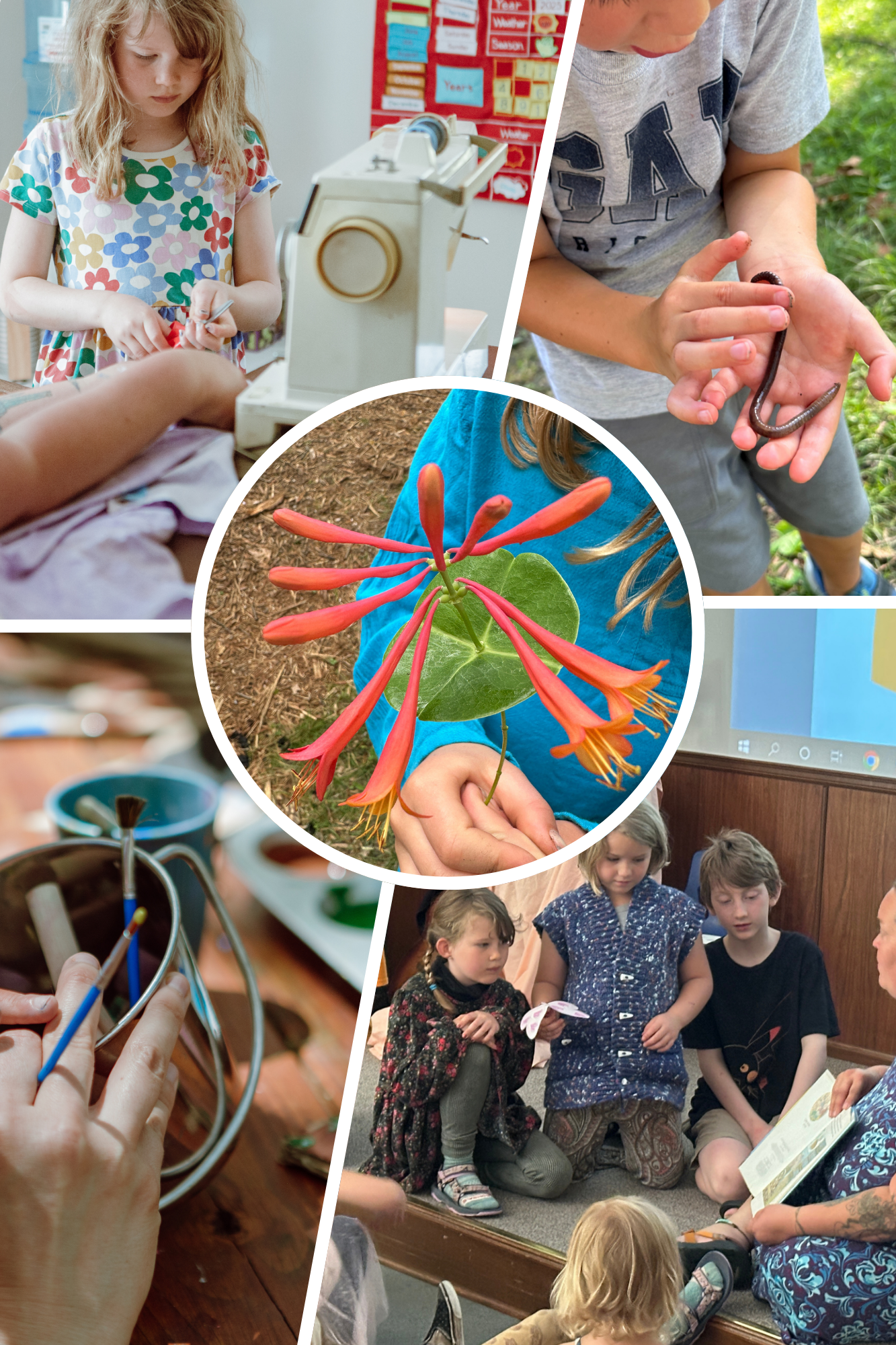 A collage of children engaging in various science and nature activities, including sewing, handling a worm, examining a flower, painting pottery, and a group reading session.