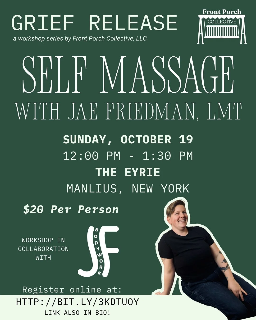 🚨Announcing the latest workshop in our Grief Release series: Self Massage with Jae Friedman, LMT! @jf_bodywork 

SUNDAY, OCTOBER 19 
12:00 PM - 1:30 PM
The Eyrie &mdash;&gt; Manlius, NY
$20 per person
REGISTRATION REQUIRED

Attendees will participat